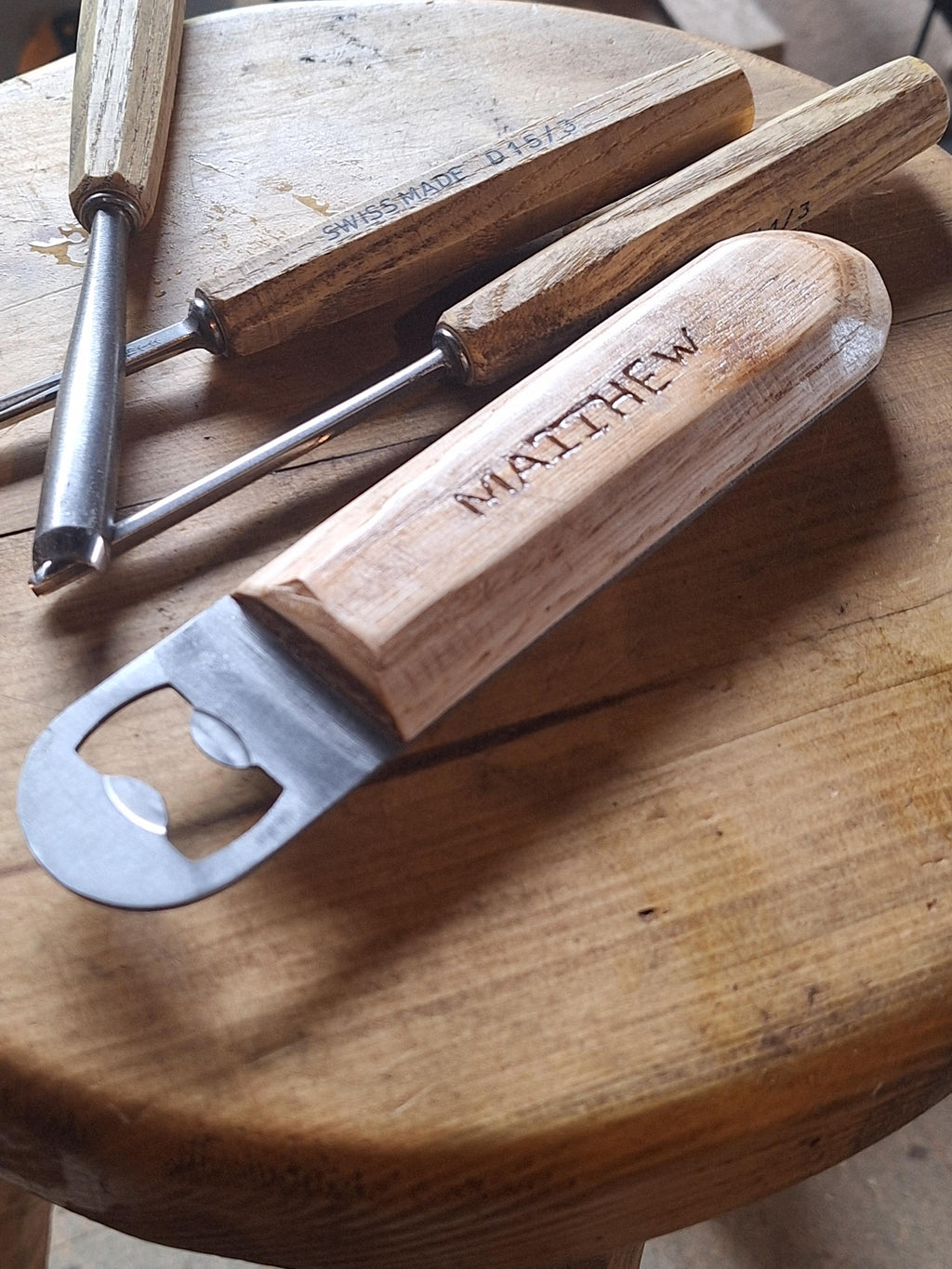 Rustic Bottle Opener With Handcarved Ash Handle